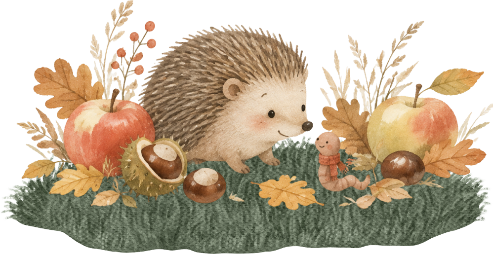 A watercolour hedgehog among autumn apples, conkers and oak leaves, meeting a little worm in a scarf