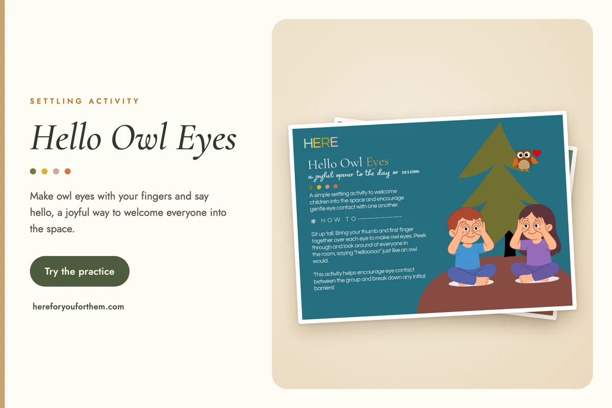 Hello Owl Eyes activity page from HERE: two children making owl eyes with their fingers beneath a pine tree with an owl, with the how-to steps