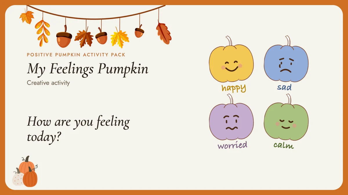 My Feelings Pumpkin animation still: four coloured pumpkins with happy, sad, worried and calm faces