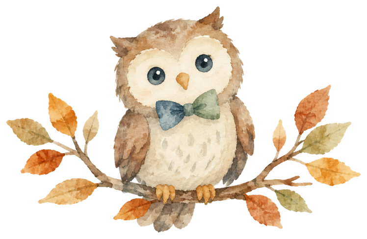 A watercolour owl wearing a green and blue bow tie, perched on an autumn branch with orange and golden leaves