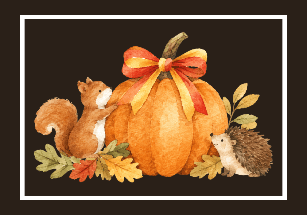 A watercolour pumpkin with a red and gold ribbon bow, a squirrel climbing up one side and a hedgehog on the other, among autumn oak leaves