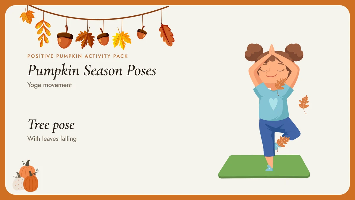 Pumpkin Season Poses animation still: a girl balancing in tree pose on a green mat with autumn leaves falling