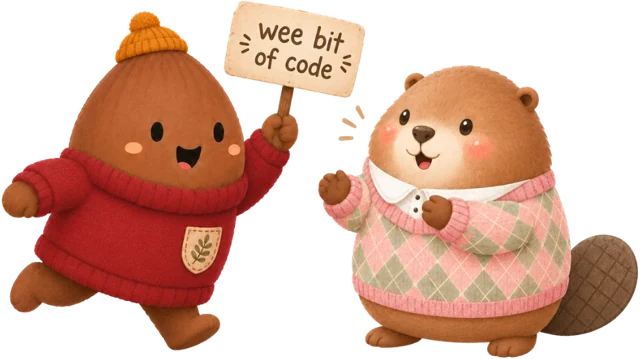 Two HERE characters, one holding a sign that reads wee bit of code, the other cheering